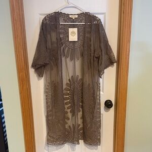 303 Boho Lace Kimono Duster Rebellion Again Sheer Brown NWT